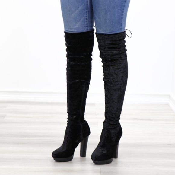 Black Velvet Thigh High Heel Boots Back Tie - Picture 4 of 15